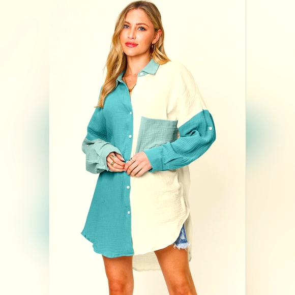 Double Take Full Size Pocketed Texture Button Up Shirt - Picture 1 of 5